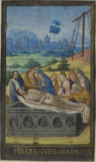 The Entombment (Stabat Mater Prayer), from a Book of Hours, c. 1480, circle of Jean Colombe, French (Bourges), flourished 1463-before 1498, France, Manuscript cutting in tempera and gold paint, with littera batarda inscriptions in gold, recto, and light black, verso, on parchment dyed black, 41 × 83 mm