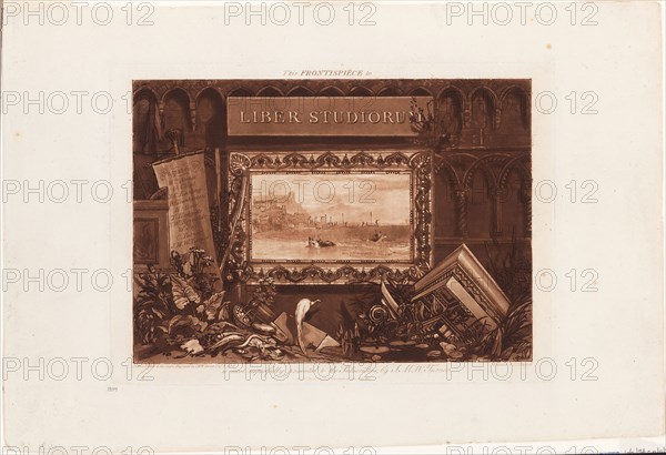 The Frontispiece to Liber Studiorum, Published May 23, 1812, Joseph Mallord William Turner (English, 1775-1851), border engraved by J.C. Easling (British, active 19th century), England, Mezzotint and etching in brown on ivory wove paper, 189 × 267 mm (image), 213 × 296 mm (plate), 298 × 440 mm (sheet)