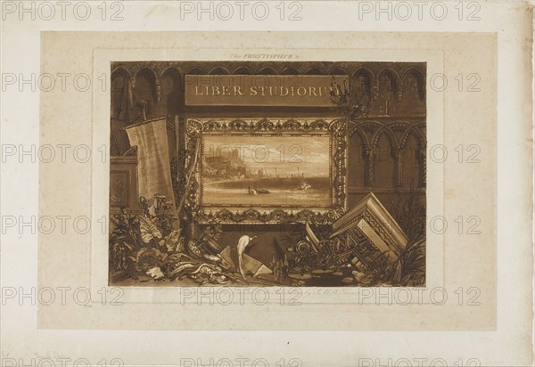 The Frontispiece to Liber Studiorum, published May 23, 1812, Joseph Mallord William Turner (English, 1775-1851), border engraved by Easling, J.C. (British, active 19th cen.), England, Mezzotint and etching in dark brown on cream laid paper, lined at edges with ivory wove paper, 188 × 264 mm (image), 212 × 293 mm (plate), 250 × 383 mm (primary support), 307 × 445 mm (secondary support)