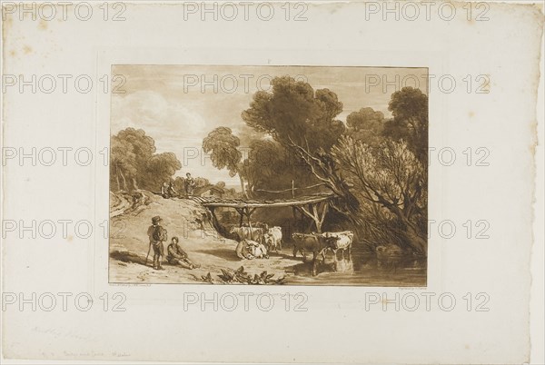 Bridge and Cows, plate 2 from Liber Studiorum, published June 11, 1807, Joseph Mallord William Turner (English, 1775-1851), Engraved by Charles Turner (English, 1773-1857), England, Etching and engraving in brown on ivory paper, 182 × 263 mm (image), 207 × 288 mm (plate), 300 × 438.5 mm (sheet)