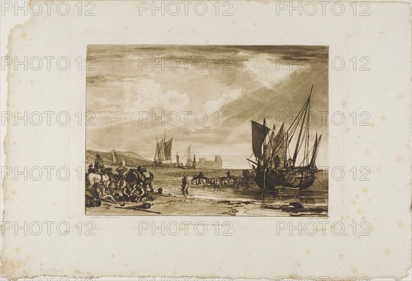 Scene on the French Coast, plate 4 from Liber Studiorum, published 1807, Joseph Mallord William Turner (English, 1775-1851), Engraved by Charles Turner (English, 1773-1857), England, Etching and engraving in brown on ivory paper, 183 × 259 mm (image), 208.5 × 290.5 mm (plate), 299 × 439 mm (sheet, irregular)