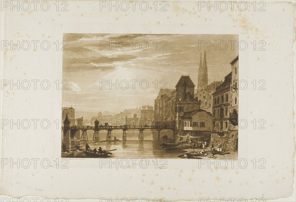 Basle, plate 5 from Liber Studiorum, published 1807, Joseph Mallord William Turner (English, 1775-1851), Engraved by Charles Turner (English, 1773-1857), England, Etching and engraving in brown on ivory paper, 184 × 260 mm (image), 209 × 283.5 mm (plate), 290 × 431 mm (sheet)