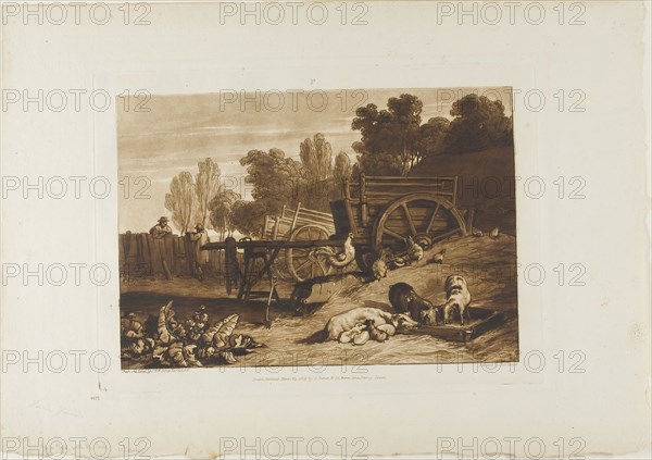 The Farm Yard with the Cock, plate 17 from Liber Studiorum, published March 29, 1809, Joseph Mallord William Turner (English, 1775-1851), Engraved by Charles Turner (English, 1773-1847), England, Etching and engraving in brown on ivory paper, 180 × 258 mm (image), 207.5 × 288.5 mm (plate), 295 × 423.5 mm (sheet)