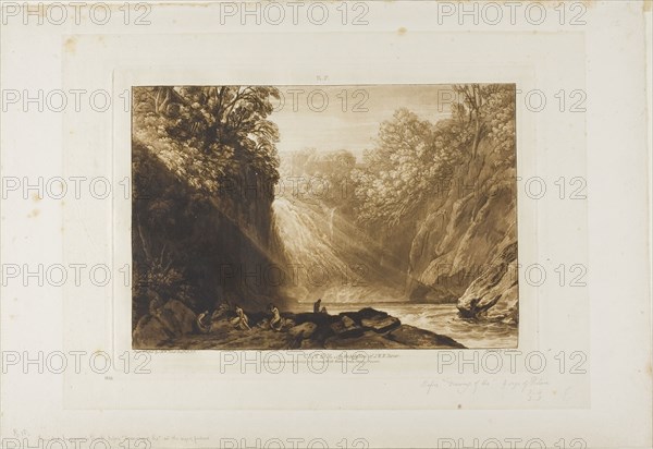 The Fall of the Clyde, plate 18 from Liber Studiorum, published March 29, 1809, Joseph Mallord William Turner (English, 1775-1851), Engraved by Charles Turner (English, 1773-1857), England, Etching and engraving on ivory paper, laid down on ivory paper, 181 × 263 mm (image), 209 × 291 mm (plate), 259 × 361.5 mm (primary support), 305 × 406 mm (secondary support)