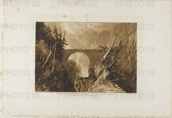 Little Devil’s Bridge, plate 19 from Liber Studiorum, published March 29, 1809, Joseph Mallord William Turner (English, 1775-1851), William Turner (English, 1773-1847), England, Etching and engraving in brown on ivory wove paper, 178 × 259 mm (image), 208.5 × 289 mm (plate), 298.5 × 435 mm (sheet)