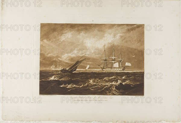 The Leader Sea Piece, plate 20 from Liber Studiorum, published March 29, 1809, Joseph Mallord William Turner, English, 1775-1851, England, Etching and engraving in brown on ivory paper, 178 × 258 mm (image) 208 × 289.5 mm (plate), 301 × 440 mm (sheet)