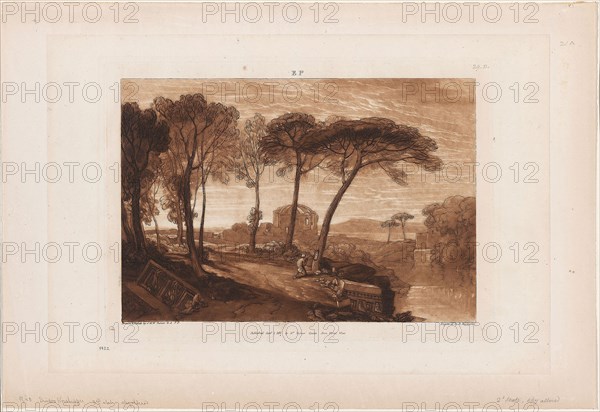 The Temple of Minerva Medica, plate 23 from Liber Studiorum, published January 1, 1811, Joseph Mallord William Turner (English, 1775-1851), Engraved by R. Dunkarton, England, Mixed intaglio in brown on ivory laid paper, edge-mounted to ivory wove paper, 183 × 263 mm (image), 208 × 290.5 mm (plate), 255 × 277.5 mm (primary support), 306 × 446 mm (secondary support)