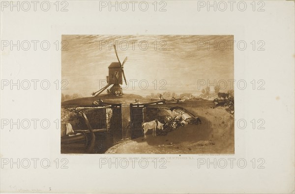 Windmill and Lock, plate 27 from Liber Studiorum, published June 1, 1811, Joseph Mallord William Turner (English, 1775-1851), Engraved by William Say (English, 1768-1834), England, Etching and engraving in brown on ivory wove paper, 178 × 260 mm (image), 210 × 291.5 mm (plate), 289 × 442 mm (sheet)