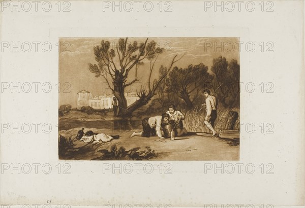 Young Anglers, plate 32 from Liber Studiorum, published June 1, 1811, Joseph Mallord William Turner (English, 1775-1851), Engraved by R. Dunkarton, England, Etching and engraving in brown on ivory wove paper, 179 × 261 mm (image), 208 × 290 mm (plate), 299.5 × 444.5 mm (sheet)