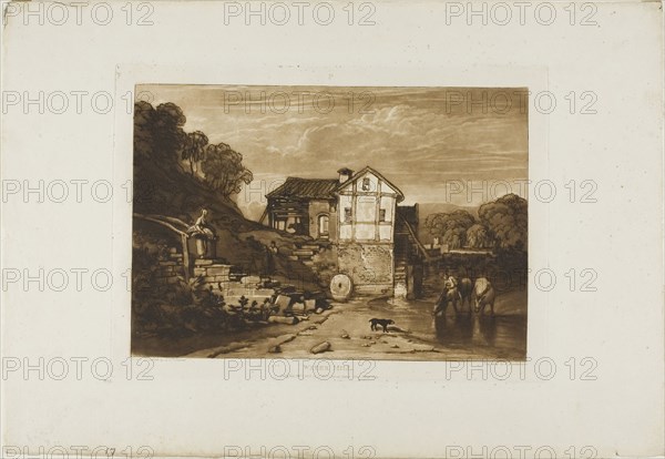 Water Mill, plate 37 from Liber Studiorum, Published February 1, 1812, Joseph Mallord William Turner, English, 1775-1851, England, Etching and engraving in brown on ivory wove paper, 182 × 263 mm (image), 209.5 × 290 mm (plate), 302 × 440 mm (sheet)