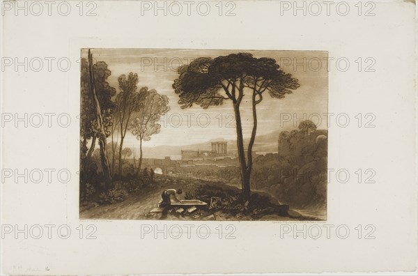 Scene in the Campagna, plate 38 from Liber Studiorum, Published February 1, 1812, Joseph Mallord William Turner (English, 1775-1851), Engraved by William Say (English, 1768-1834), England, Etching and engraving in brown on ivory paper, 180 × 262 mm (image), 208.5 × 289 mm (plate), 287.5 × 441 mm (sheet)