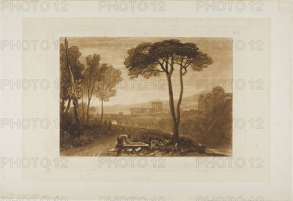 Scene in the Campagna, plate 38 from Liber Studiorum, published February 1, 1812, Joseph Mallord William Turner (English, 1775-1851), Engraved by William Say (English, 1768-1834), England, Etching and engraving in brown on ivory wove paper, 181 × 263 mm (image), 208.5 × 289 mm (plate), 249 × 279 mm (original sheet)
