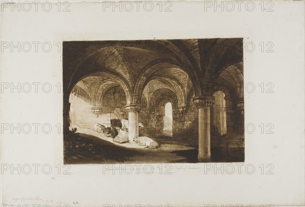Crypt of Kirkstall Abbey, plate 39 from Liber Studiorum, published February 11, 1812, Joseph Mallord William Turner, English, 1775-1851, England, Etching and engraving in brown on ivory paper, 180 × 263 mm (image), 210 × 291 mm (plate), 299 × 442.5 mm (sheet)