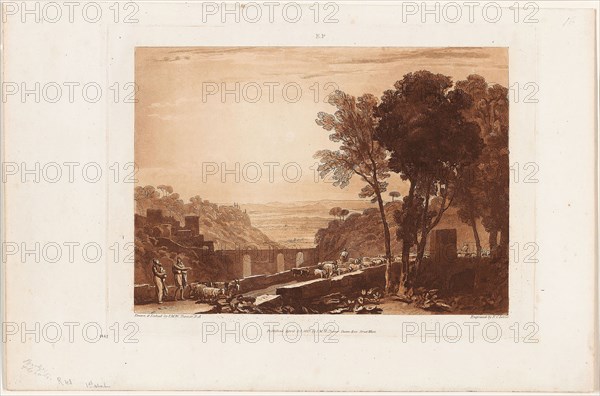 The Bridge and Goats, plate 43 from Liber Studiorum, published April 23, 1812, Joseph Mallord William Turner (English, 1775-1851), Engraved by Fredrick Christian Lewis (English, 1779-1856), England, Etching and aquatint in brown on ivory wove paper, 181 × 254 mm (image), 211 × 291 mm (plate), 265 × 398.5 mm (sheet)