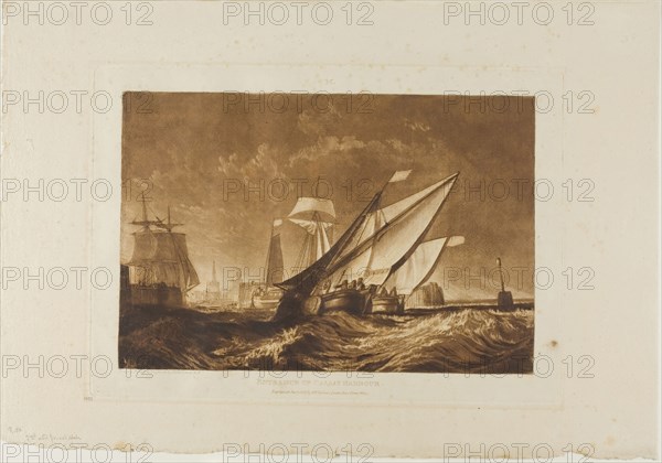 Entrance of Calais Harbour, plate 55 from Liber Studiorum, published January 1, 1816, Joseph Mallord William Turner, English, 1775-1851, England, Etching, engraving, and mezzotint in brown on cream paper, 180 × 266 mm (image), 214 × 303 mm (plate), 295 × 423 mm (sheet)
