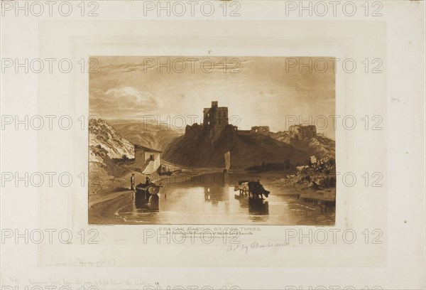 Norham Castle, plate 57 from Liber Studiorum, published January 1, 1816, Joseph Mallord William Turner (English, 1775-1851), Engraved by Charles Turner (English, 1773-1857), England, Etching and engraving in brown on ivory wove paper, laid down on ivory paper, 178 × 260 mm (image), 207 × 289 mm (plate), 259.5 × 268 mm (primary support), 306 × 445 mm (secondary support)
