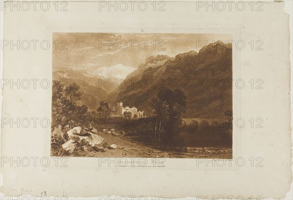 Bonneville, plate 64 from Liber Studiorum, published January 1, 1816, Joseph Mallord William Turner (English, 1775-1851), Engraved by H. Dawe, England, Etching and engraving in brown on ivory paper, 189 × 275 mm (image), 214.4 × 291.5 mm (plate), 298 × 436.5 mm (sheet)