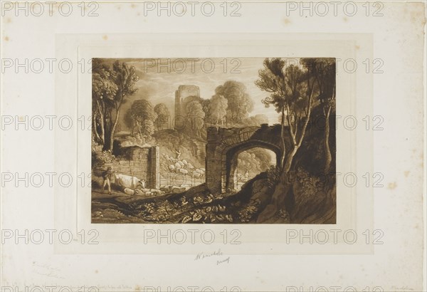 East Gate, Winchelsea, plate 67 from Liber Studiorum, published January 1, 1819, Joseph Mallord William Turner (English, 1775-1851), Engraved by S.W. Reynolds, England, Etching and engraving in brown on ivory paper laid down on off-white paper, 175 × 258 mm (image), 203 × 289 mm (plate), 233 × 338 mm (primary support), 305 × 444 mm (secondary support)