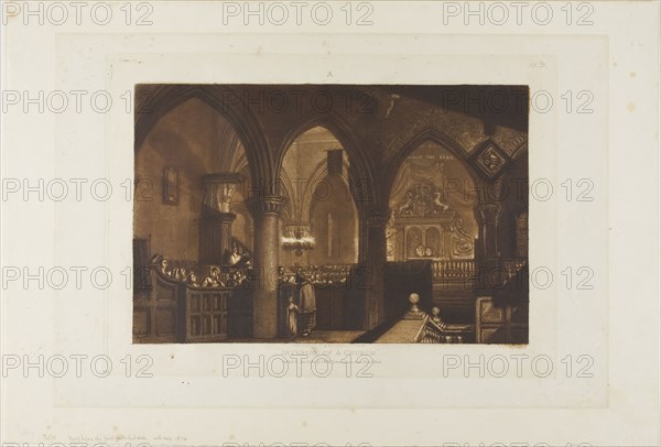 Interior of a Church, plate 70 from Liber Studiorum, published January 1, 1816, Joseph Mallord William Turner, English, 1775-1851, England, Mezzotint and etching in brown on cream laid paper, laid down on cream wove paper, 176 × 170 mm (image), 215 × 305 mm (plate), 255 × 379.5 mm (primary support), 304 × 446 mm (secondary support)