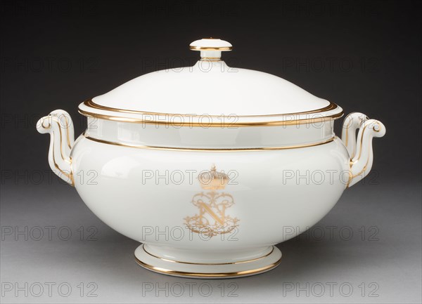 Tureen, 1861/64, Sèvres Porcelain Manufactory, French, founded 1740, Sèvres, Hard-paste porcelain and gilding, H. 21.6 cm (8 1/2 in.), diam. 25.4 cm (10 in.)