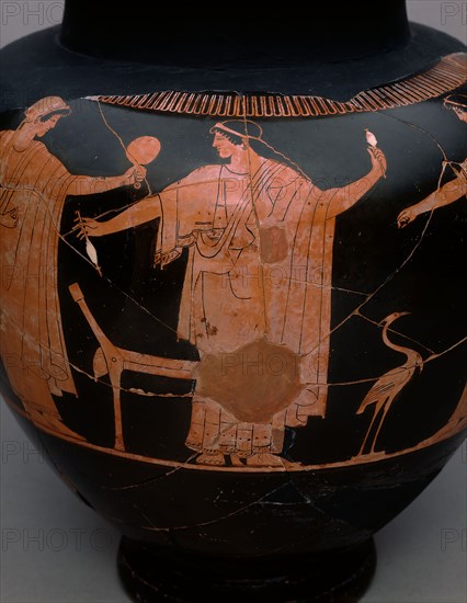Stamnos (Mixing Jar), 480/470 BC, Greek, Athens, Attributed to Syriskos (formerly the Copenhagen Painter), Athens, terracotta, decorated in the red-figure technique, 38.1 × 45.72 × 14.1 cm (15 ×18 × 5 1/2 in.)