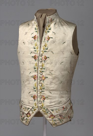 Waistcoat, 1775/1800, France, Silk, satin weave, embroidered with silk threads, embroidered fabric covered buttons, silk, twill weave lining, linen, plain weave back, 66.3 × 66.7 cm (26 1/8 × 26 1/4 in.)