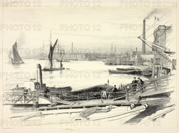 West India Dock, 1895, Thomas Robert Way, English, 1861-1913, England, Transfer lithograph in black on cream laid paper, 220 × 300 mm (sheet, trimmed just within image at sides)