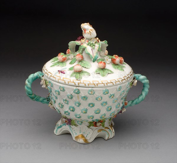 Covered Bowl, 1750/60, Chelsea Porcelain Manufactory, London, England, c. 1745-1784, Chelsea, Soft-paste porcelain, polychrome enamels and gilding, 22 × 23.9 cm (8 5/8 × 9 3/8 in.)