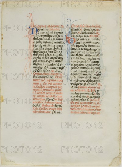 Illuminated Manuscript Leaf, c. 1450, Italian, Italy, Manuscript cutting with round gothic inscriptions in black, red and blue inks, and decorations in red and blue inks, on vellum, 162 x 117 mm