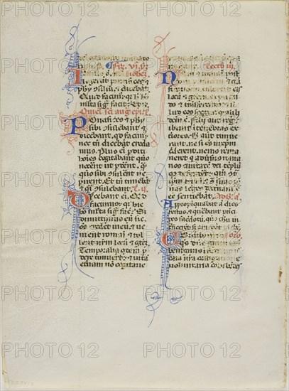 Illuminated Manuscript Leaf, c. 1450, Italian, Italy, Manuscript cutting with round gothic inscriptions in black, red and blue inks, and decorations in red and blue inks, on vellum, 162 x 117 mm