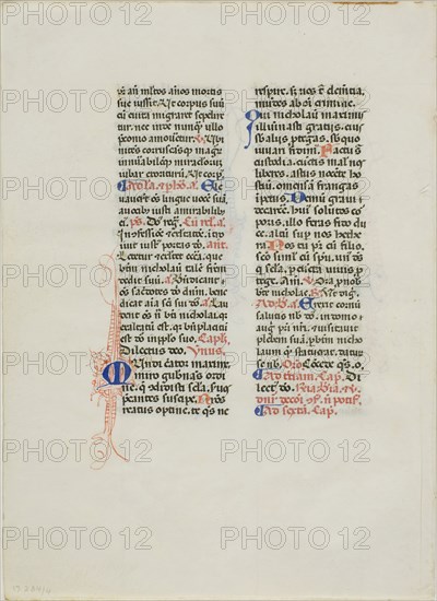 Illuminated Manuscript Leaf, c. 1450, Italian, Italy, Manuscript cutting with round gothic inscriptions in black, red and blue inks, and decorations in red and blue inks, on vellum, 162 x 117 mm