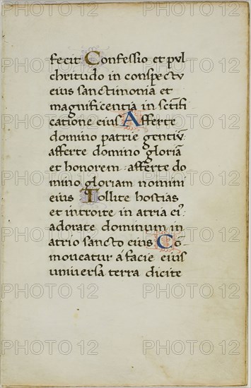 Illuminated Manuscript Leaf, c. 1450, Italian, Italy, Manuscript cutting with roman small letter inscriptions in black and dark brown inks, tempera and gold leaf illuminated letters, and decorations in red and lavender inks, on vellum, 147 x 94 mm