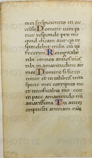 Illuminated Manuscript Leaf, c. 1450, Italian, Italy, Manuscript cutting with roman small letter inscriptions in black and dark brown inks, tempera and gold leaf illuminated letters, and decorations in red and lavender inks, on vellum, 147 x 94 mm