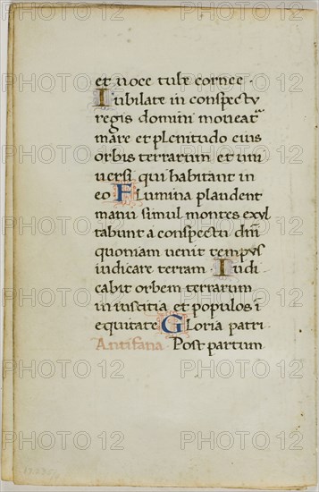 Illuminated Manuscript Leaf, c. 1450, Italian, Italy, Manuscript cutting with roman small letter inscriptions in black and dark brown inks, tempera and gold leaf illuminated letters, and decorations in red and lavender inks, on vellum, 147 x 94 mm