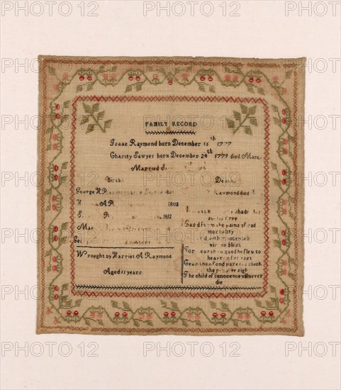 Sampler, c. 1819, Harriot Augusta Raymond (American, 1808-1887), United States, Massachusetts, Boston, United States, Linen, plain weave, embroidered with wool and silk in cross stitches, 44.1 x 42.2 cm (17 3/8 x 16 5/8 in.)