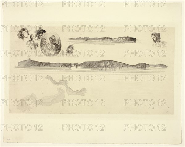 Sketches on the Coast Survey Plate, 1854, James McNeill Whistler, American, 1834-1903, United States, Etching in black ink on cream laid paper, 145 x 260 mm (plate), 209 x 264 mm (sheet)