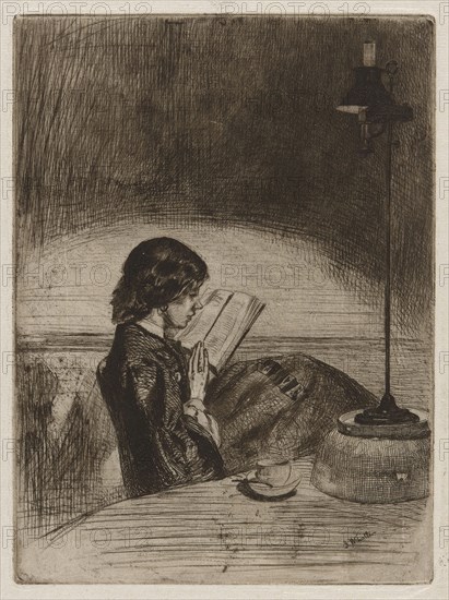 Reading by Lamplight, 1859, James McNeill Whistler, American, 1834-1903, United States, Etching and drypoint, with foul biting, in black on cream laid paper, 160 x 119 mm (plate), 232 x 168 mm (sheet)