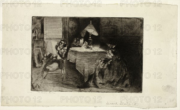 The Music Room, 1859, James McNeill Whistler, American, 1834-1903, United States, Etching, with selective wiping of plate tone, in black on off-white wove paper, 144 x 214 mm (image/plate), 204 x 336 mm (sheet)