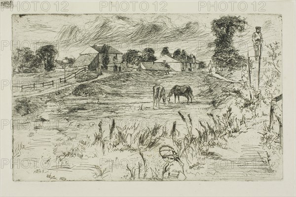Landscape with Horses, 1859, James McNeill Whistler, American, 1834-1903, United States, Etching and drypoint with foul biting in black ink on ivory laid paper, 125 x 202 mm (plate), 151 x 221 mm (sheet)