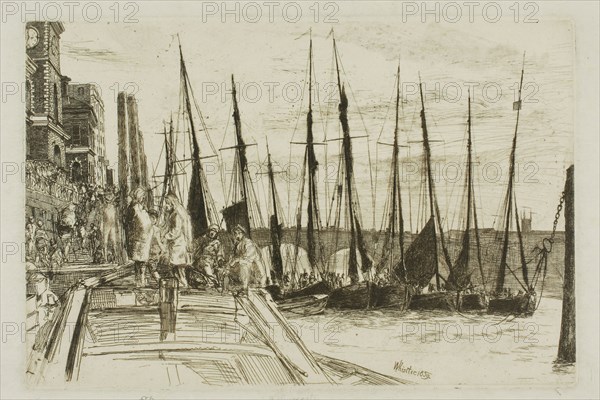 Billingsgate, 1859, James McNeill Whistler, American, 1834-1903, United States, Etching and drypoint with foul biting in dark brown ink on off-white Japanese paper, 153 x 227 mm (plate), 274 x 352 mm (sheet)