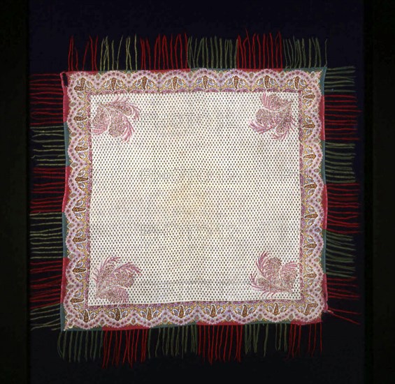 Shawl, 1825/50, England, Cotton and wool, twill weave, block printed, attached knotted fringe, 109.9 × 108.6 cm (43 1/4 × 42 3/4 in.)
