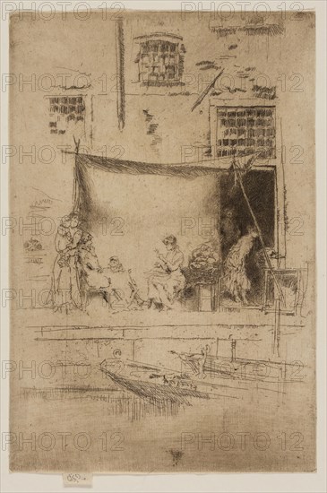Fruit Stall, 1879/80, James McNeill Whistler, American, 1834-1903, United States, Etching and drypoint with foul biting in dark brown ink on ivory laid paper, 226 x 150 mm (image, trimmed within plate mark), 231 x 150 mm (sheet)