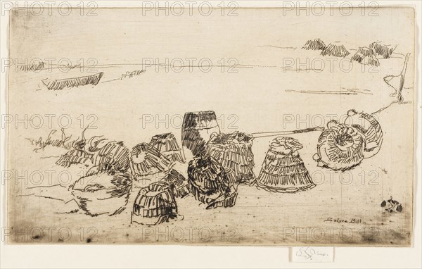 Lobster Pots, Selsea Bill, 1880/81, James McNeill Whistler, American, 1834-1903, United States, Etching with foul biting in black ink on ivory laid paper, 118 x 201 mm (plate), 127 x 201 mm (sheet)