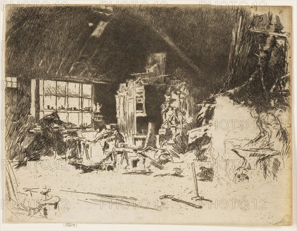 The Smithy, 1880, James McNeill Whistler, American, 1834-1903, United States, Etching and drypoint with foul biting in black ink on cream laid paper, 174 x 229 mm (image, trimmed within plate mark), 177 x 229 mm (sheet)