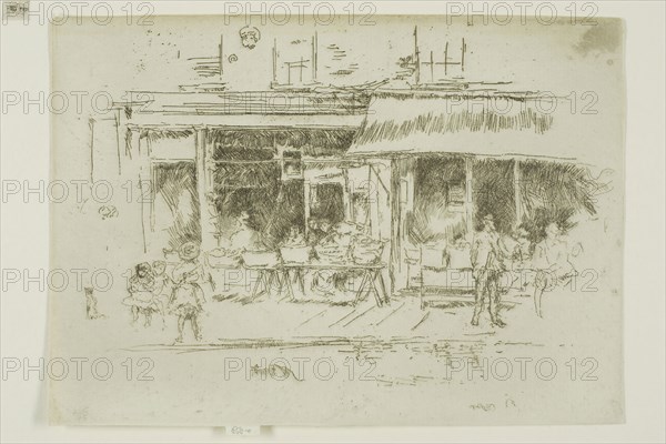 Nut Shop, St James’s Place, Houndsditch, 1887, James McNeill Whistler, American, 1834-1903, United States, Etching and drypoint with foul biting on off-white laid paper, 126 x 177 mm (image, trimmed within plate mark), 129.5 x 177 mm (sheet)