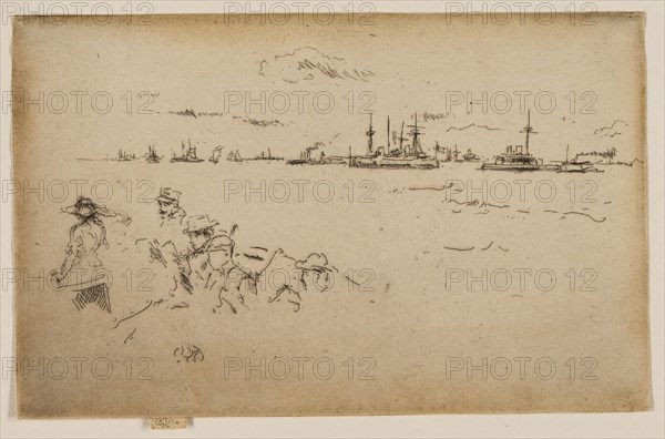 The Fleet: Monitors, 1887, James McNeill Whistler, American, 1834-1903, United States, Etching and drypoint with foul biting in black ink on cream laid paper, 140 x 222 mm (image, trimmed within plate mark), 144 x 222 mm (sheet)