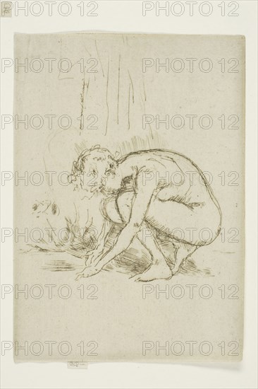 Model Stooping, 1887/88, James McNeill Whistler, American, 1834-1903, United States, Etching and drypoint with foul biting in black ink on cream laid paper, 134 x 95 mm (image, trimmed within plate mark), 136 x 95 mm (sheet)