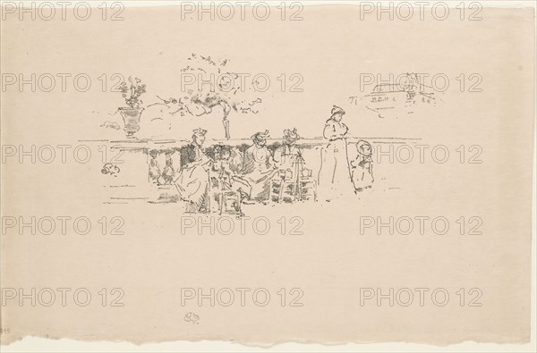 The Terrace, Luxembourg, 1894, James McNeill Whistler, American, 1834-1903, United States, Transfer lithograph in black with stumping, on cream laid Japanese vellum, 100 x 216 mm (image), 198 x 335 mm (sheet)
