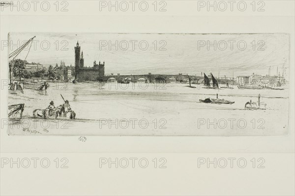 Old Westminster Bridge, 1859, James McNeill Whistler, American, 1834-1903, United States, Etching and drypoint in black ink on ivory laid paper, 74 x 202 mm (plate), 99 x 227 mm (sheet)