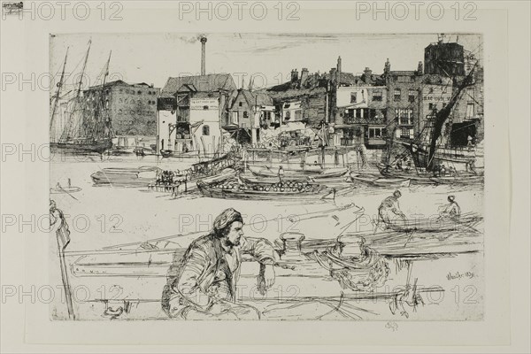 Black Lion Wharf, 1859, James McNeill Whistler, American, 1834-1903, United States, Etching with foul biting in black ink on ivory laid paper, 150 x 227 mm (plate), 175 x 252 mm (sheet)